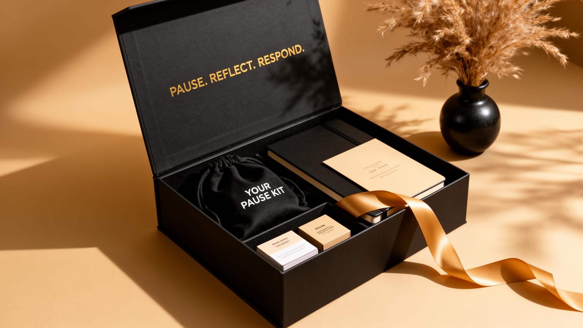 Founder Edition Pause Kit — open black presentation box with pouch, journal, and cards