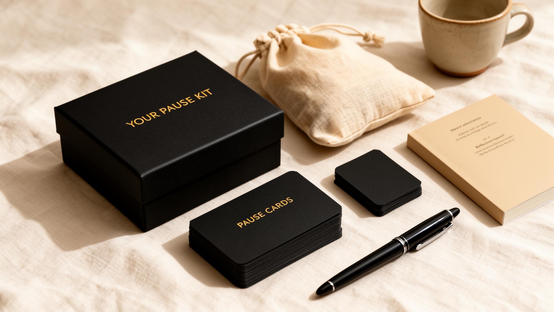 Your Pause Kit — premium black gift box with cards, journal, guidebook, and cotton pouch on linen surface